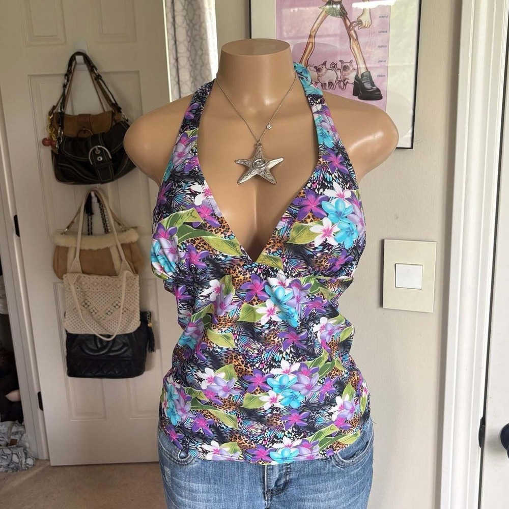 y2k 2000s avant garde fairy floral leopard halter top